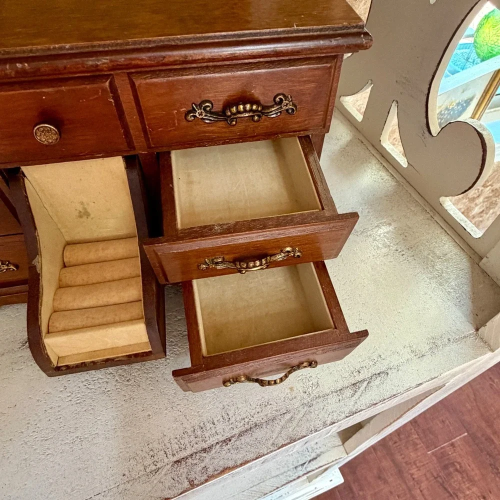 Vintage Wooden Jewelry Box Miniature Dresser Chest Mirror Ring Drawer Organizer